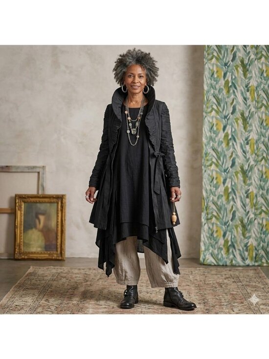 Samuel Dong Black Ruffle Front Long Coat Dress S  Pleated Skirt By Samuel Dong - Picture 7 of 16